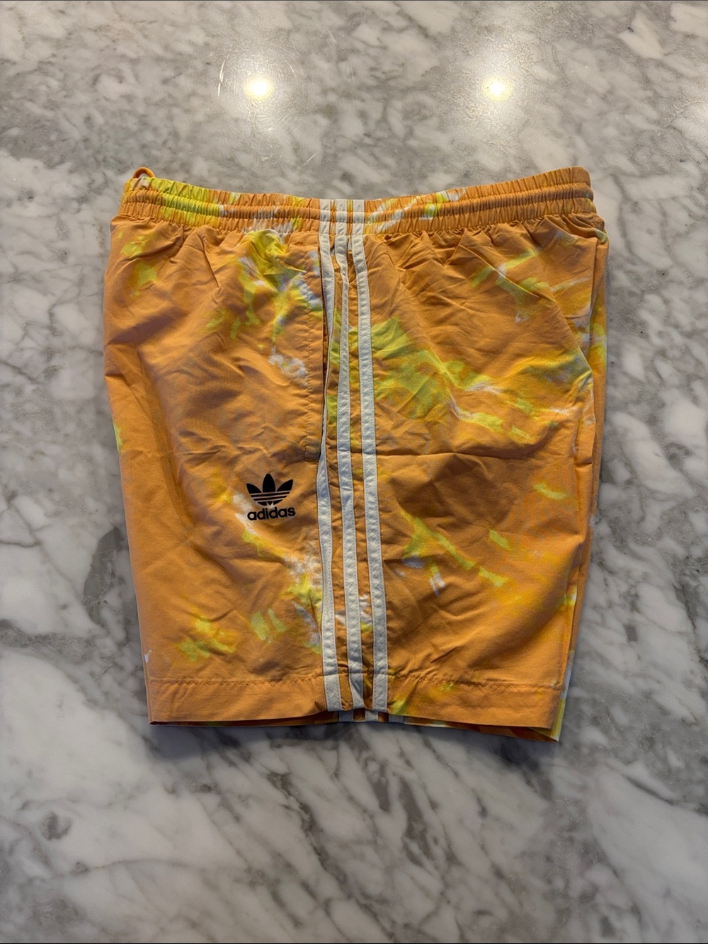 adidas Men's Orange Tie-Dye Swim Trunks with White 3-Stripes